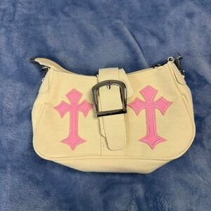 Cream and pink cross handbag with adjustable strap